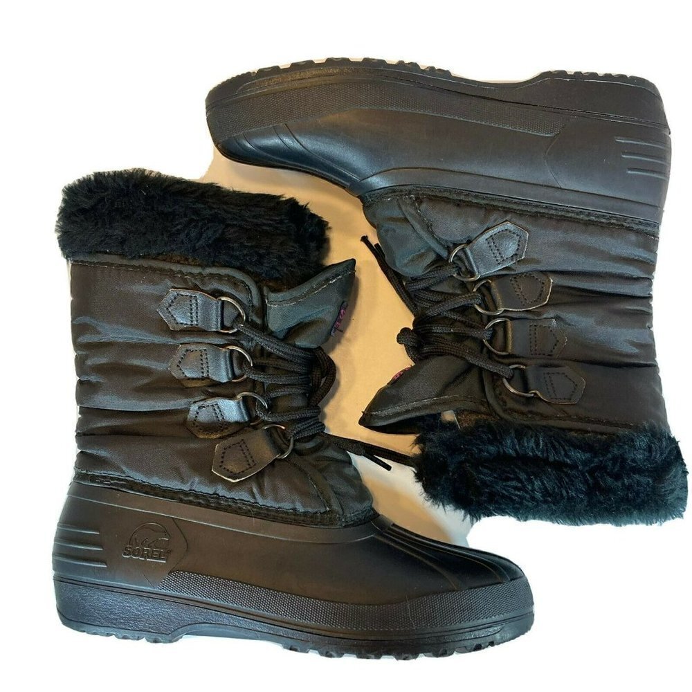 Sorel Women's Kaufmam Canada Snow Boots 7 Black Lined Rubber Fur Top Lace Up